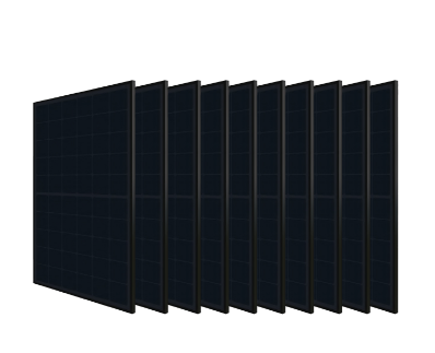 A set of ten black solar panels is arranged in a slightly angled line, all facing the same direction.