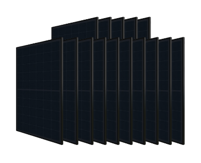 A stack of ten black solar panels, arranged side by side with slight overlaps, viewed from an angle.