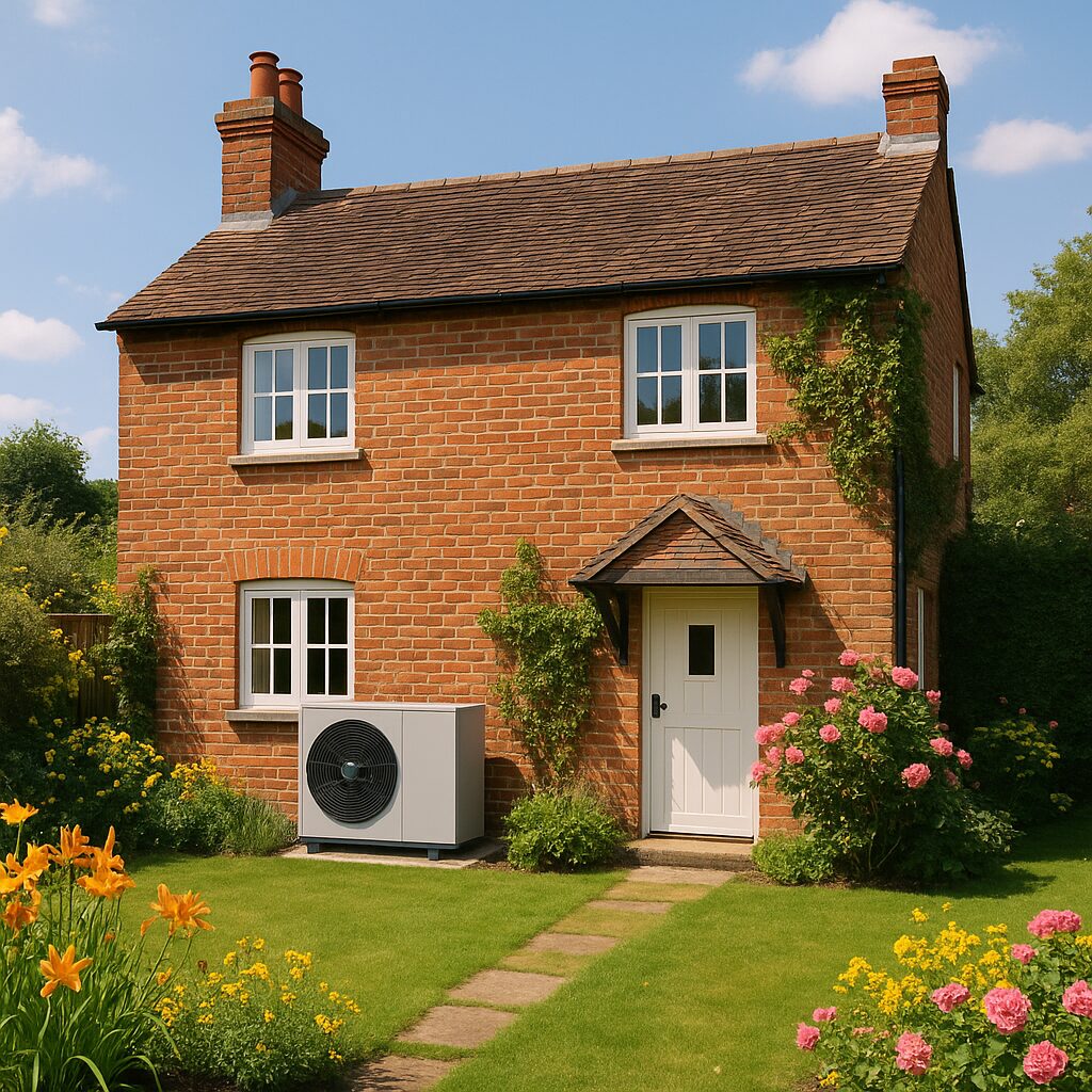 A brick house with a pitched roof, white-framed windows, garden flowers, and an air source heat pump unit installed against the exterior wall.