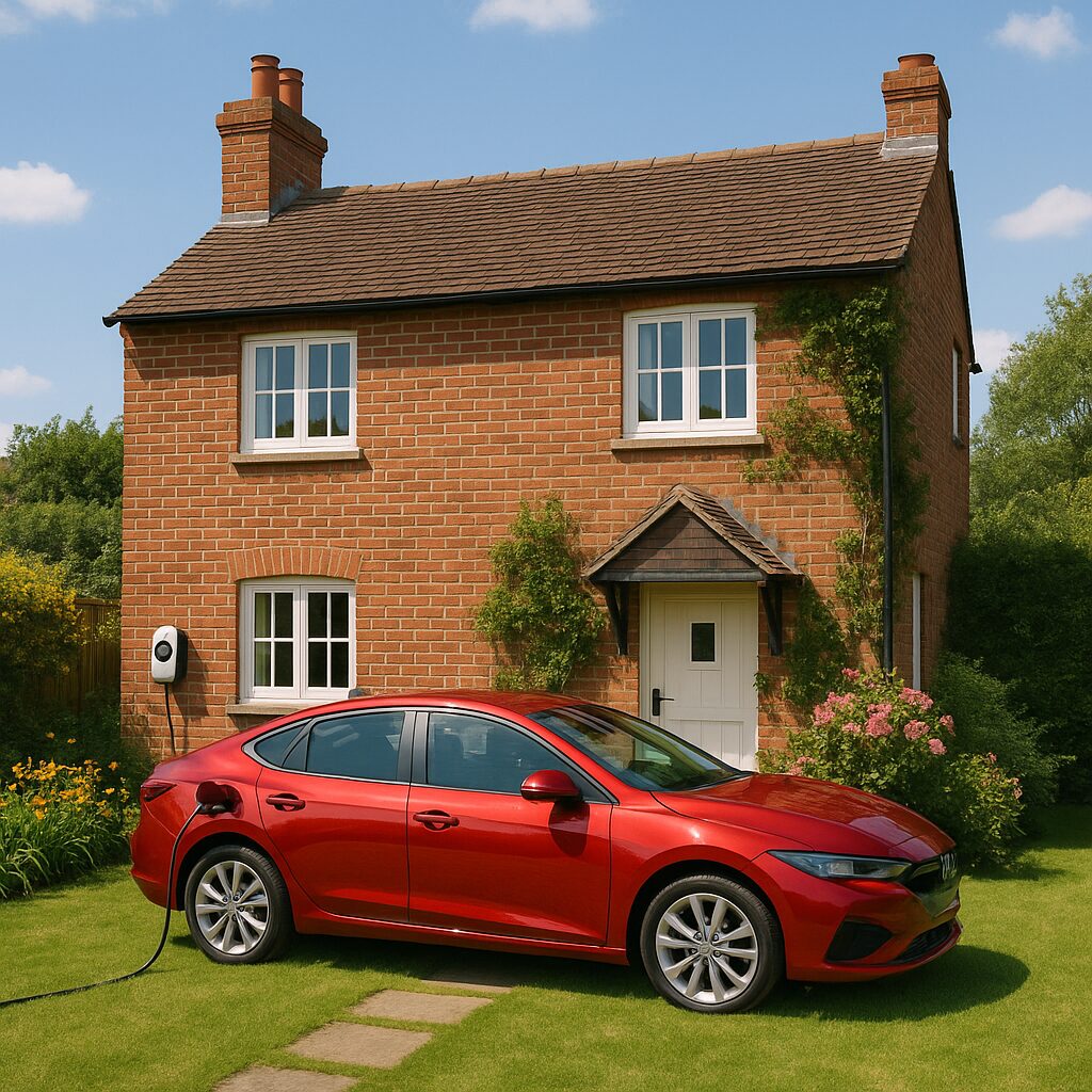 A red electric car is parked on the grass in front of a brick house, charging at a wall-mounted charging station.