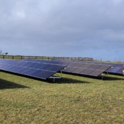 Solar panels in a field with a van parked next to them.