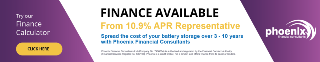A picture of the Phoenix financial consultants banner. There is finance available for Battery Storage (with 10.9% APR representative). 