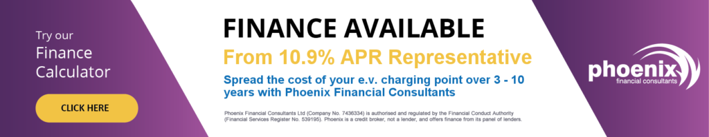 A picture of the Phoenix financial consultants banner. There is finance available for EV Chargers (with 10.9% APR representative). 