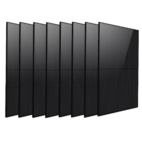 8 black solar panels are displayed on a transparent background.