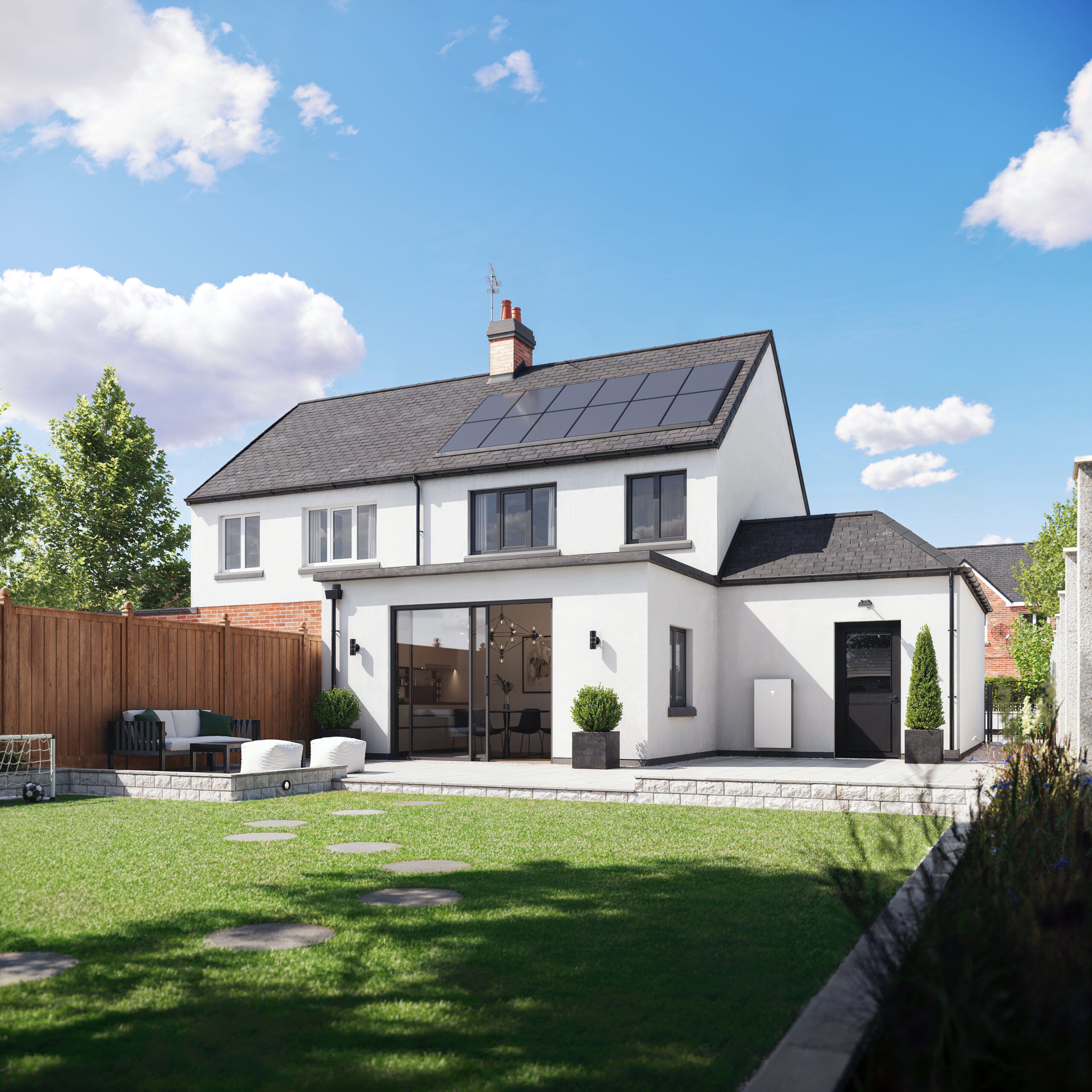 A picture of a modern house with solar panels. It is a bright sky with minimal clouds. There is a Tesla Powerwall 3 attached to the wall.