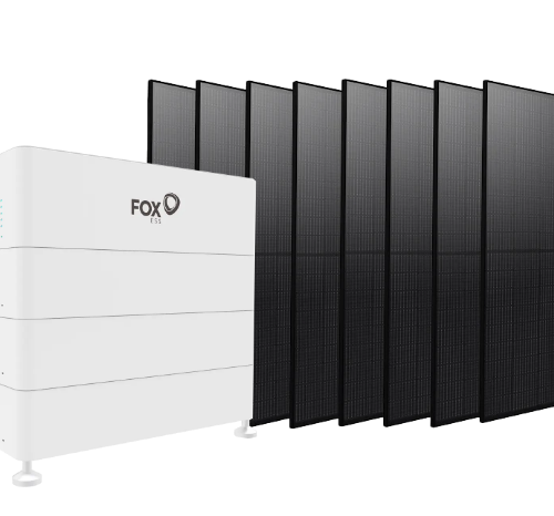 8 black solar panels behind a white FOX battery, which can be used with solar panels.