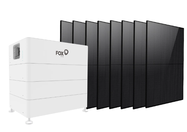 8 black solar panels behind a white FOX battery, which can be used with solar panels.