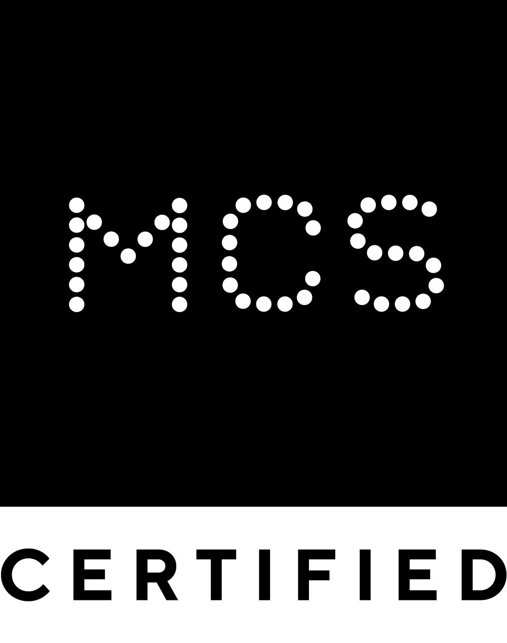 Black and white image with MCS in dotted letters above the word CERTIFIED in bold text.